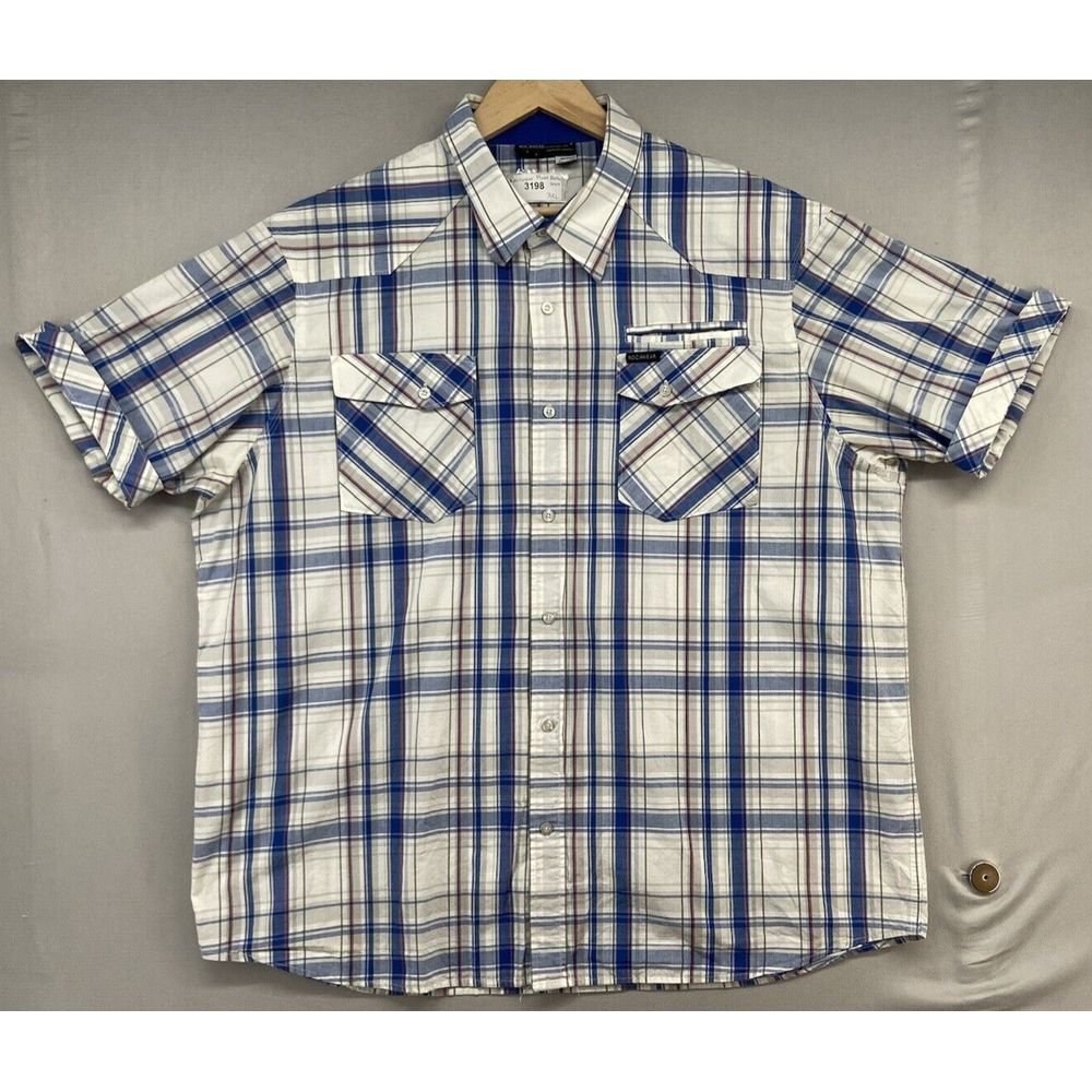 Rocawear Button Shirt 3XL Plaid Short Sleeve Western Yoke Rolled Up Sleeves NICE